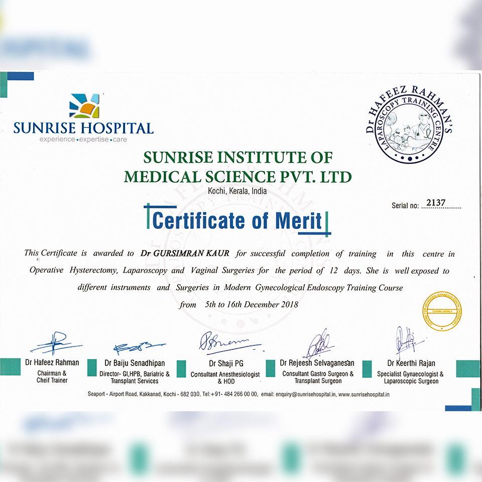 Sunrise Institute of medical science pvt. ltd. Certificate of Merit